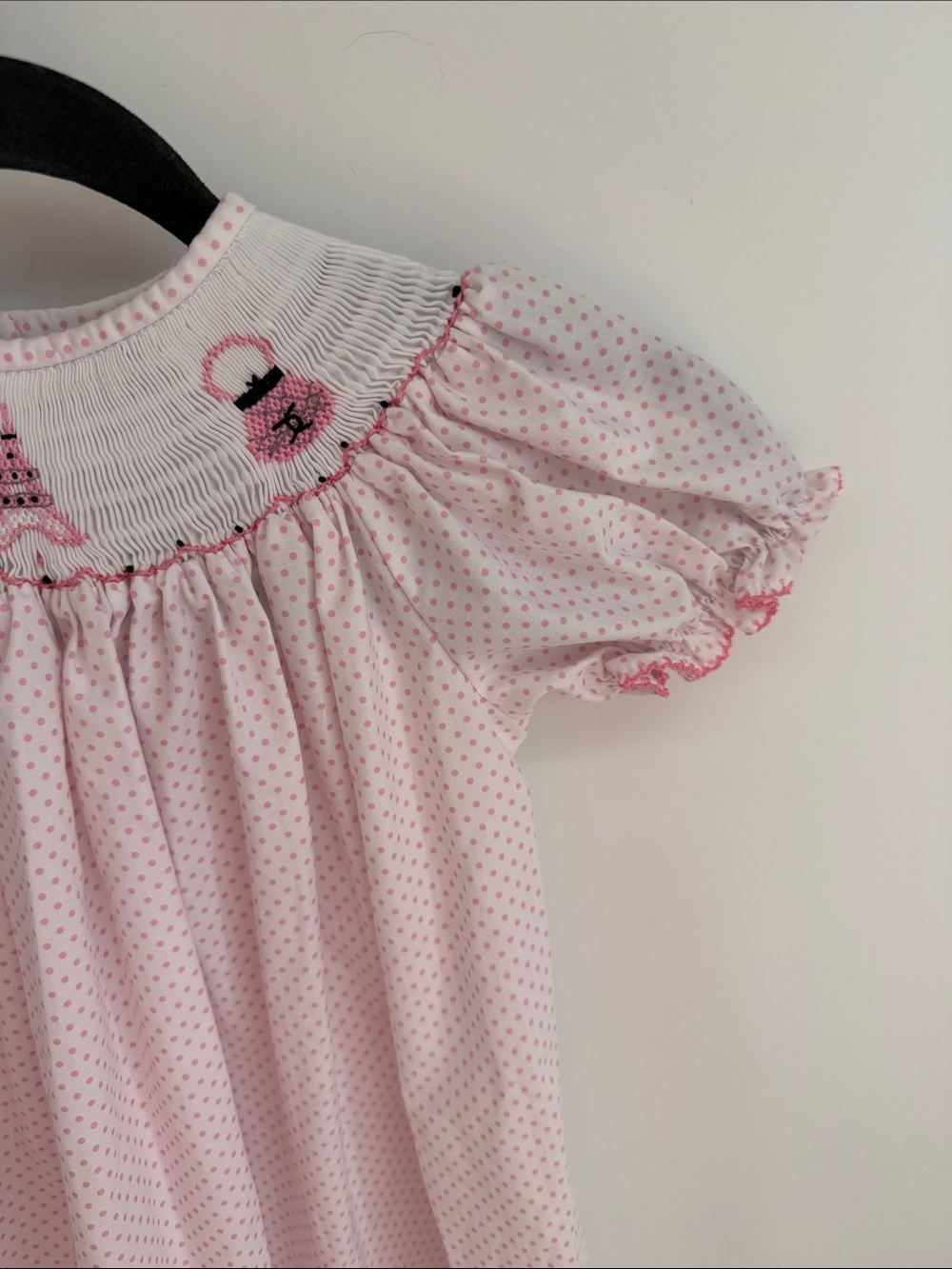 Classic Whimsy Parisian Eiffel Tower poodle embroidered smocked polka dot dress - Picture 4 of 8